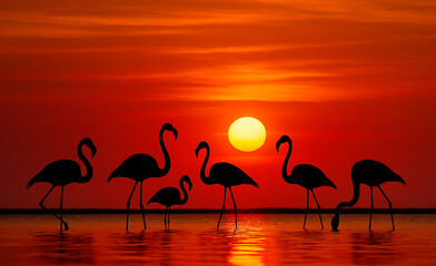Naklejka premium Silhouettes of Flamingos at African Lake During Sunset - Stunning Reflection and Tranquil Water Scene for publication, poster, calendar, post, screensaver, wallpaper, postcard, cover, website