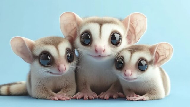 Three adorable sugar gliders with large eyes and soft fur sitting together against a light blue background