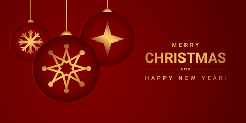 Naklejka premium Luxury Merry Christmas and Happy New Year greeting card with gold hanging ornament ball decorations on red background festive holiday season template design
