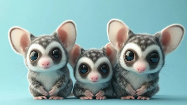 Three adorable, fluffy creatures with large eyes sit closely together against a soft blue background