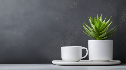 Simple, modern, decorative plant and coffee cup arrangement on a gray surface