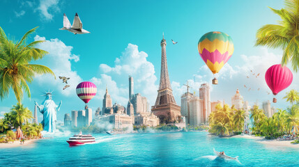 Vibrant promotional travel banner with colorful photos and 3D illustrations, designed for hot tour deals and impressions