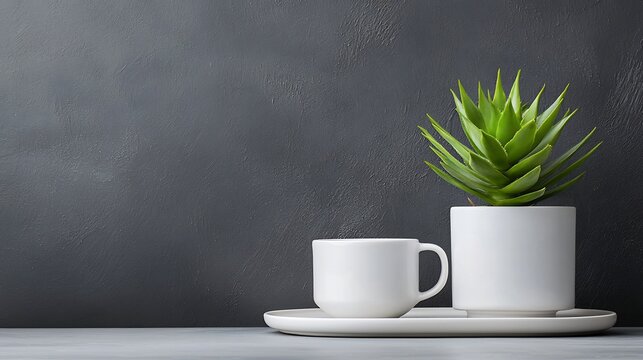 Simple, modern, decorative plant and coffee cup arrangement on a gray surface