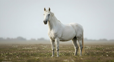 Obraz premium Majestic White Horse Standing Gracefully in Wide-open Meadow
