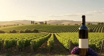 Fototapeta premium Scenic Vineyard with Grapes and Wine Bottle Against Sunlit Hills