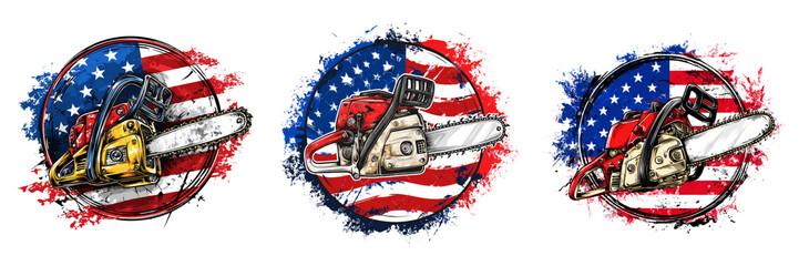 Transportation Vehicles with US flag brushstroke effects in round stamp layout isolated on transparent PNG background perfect for logistics branding independence day posters or travel themed art