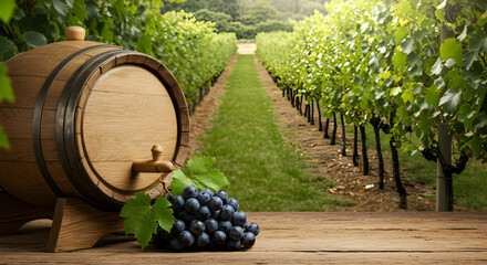 Vineyard with Wooden Barrel and Grapes on Table by Green Rows