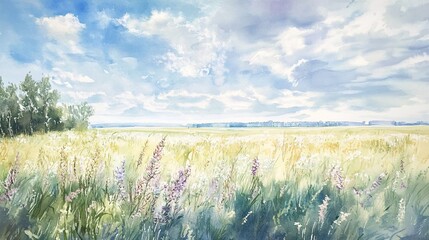 Lush Watercolor Floral Landscape with Dreamy Pastel Hues