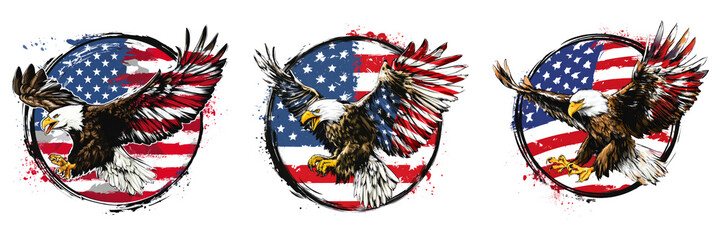Flying Bald Eagles with USA flag circle backgrounds in expressive grunge vector style isolated on transparent PNG background perfect for heritage artwork military symbolism or national pride visuals