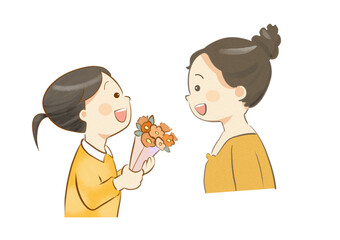 お母さんと子供　親子の愛　花束をプレゼントする