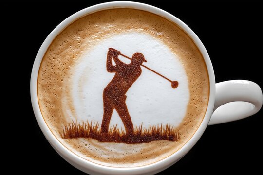 Latte Art Silhouette eines Golfspielers beim Drive in Milchschaum