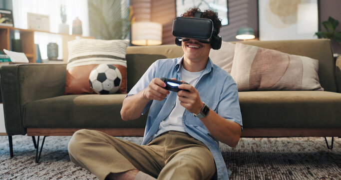 Vr headset, video games and man with controller, home and fun with virtual sport in living room and online. Futuristic, gamer and person with tech for entertainment, streaming and player with console