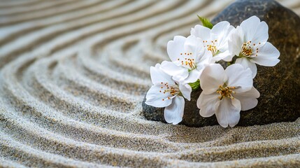 Fototapeta premium Serene Zen Garden Scene Featuring White Cherry Blossoms in Bloom