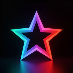 Neon rainbow star graphic design in dark background. 3D rendering of glowing star shape with vibrant colors, casting a reflection on a dark surface.