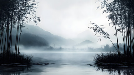 Fototapeta premium 竹 笹の水墨画風背景イラスト generative ai