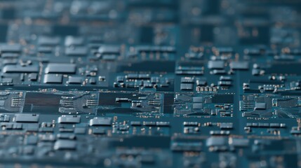 Close-up image of a printed circuit board with microchips and components, showcasing modern electronic design and precision engineering.