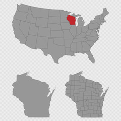 Wisconsin map set with USA location, clean outline, and full county breakdown.