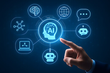 Fototapeta premium AI and Future Technology: A futuristic composition symbolizing the fusion of artificial intelligence and modern technology. A hand interacts with a glowing interface.