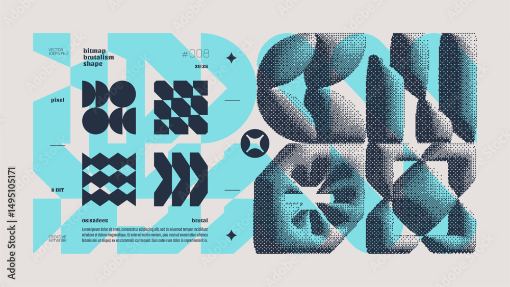 Poster Dithering bitmap abstract vector color background with Postmodern geometric graphic brutalism shapes, Y2K bold vector pixelated modernism artwork banner inspiration by retro 8-bit aesthetic, cyan 8