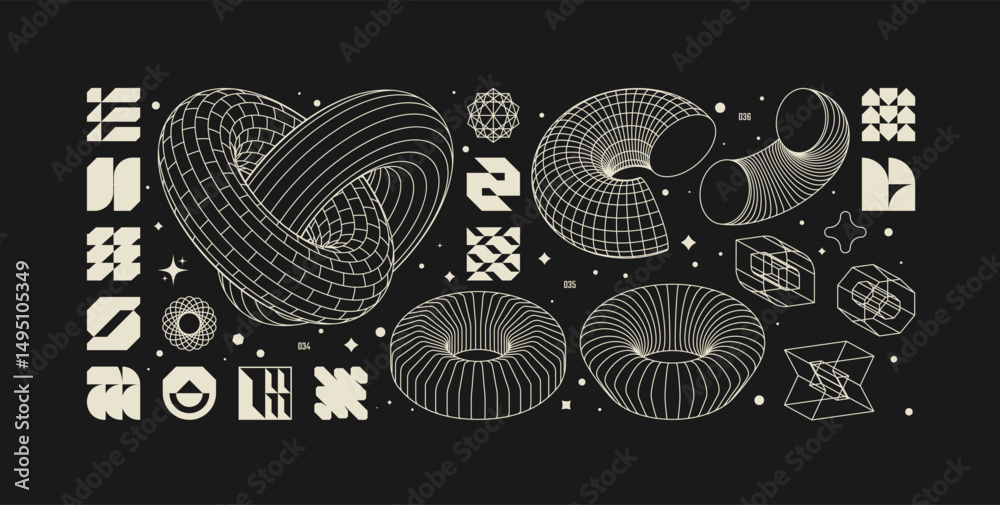 Poster vector graphic assets kit acid style, postmodern abstract geometric shapes with wireframe elements o