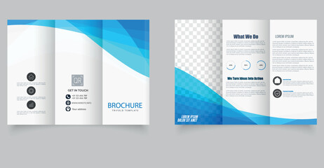 Professional trifold brochure template with blue wave design and transparent image placeholders, perfect for corporate branding, business promotion, and marketing presentations.