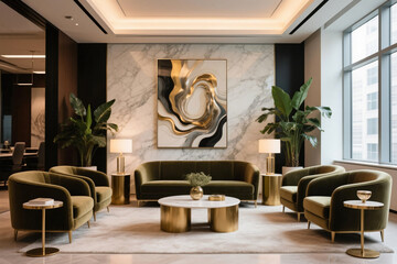 Lavish office waiting area with velvet seating, abstract marble wall art, and brass accents. Elegant and luxurious interior for premium business settings.

