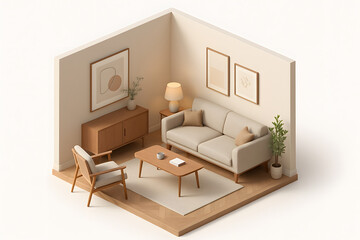 Fototapeta premium Cozy Isometric Living Room: A meticulously crafted isometric rendering of a warm and inviting living space. Featuring neutral tones, comfortable furniture, and stylish decor.