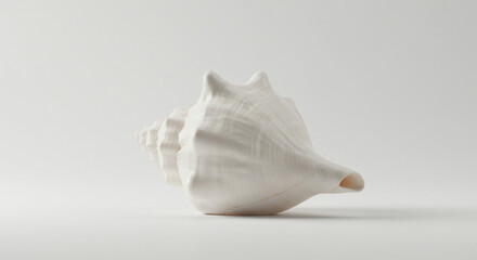 White Seashell Minimalist: A pristine white seashell, exhibiting intricate textures and curves, rests on a light grey background, creating a minimalist composition.