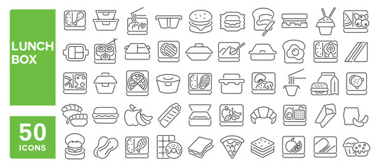 Set of 50 line icons related to lunch box, snack, sandwich, food bag, meal, food container, Editable stroke. Vector illustration