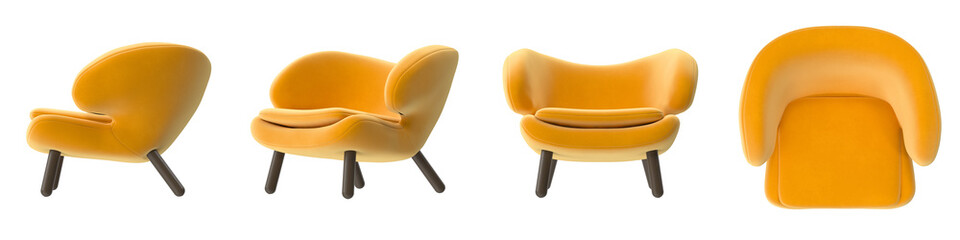 yellow low accent chair with curved cushion and rounded back multiple view isolated.