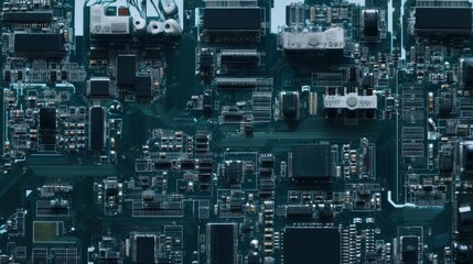 Close-up image of a printed circuit board with microchips and components, showcasing modern electronic design and precision engineering.