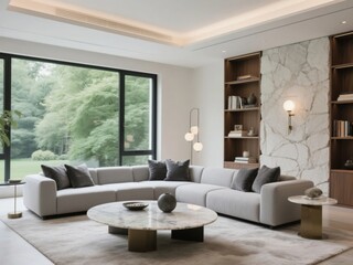 Fototapeta premium Modern Living Room with Large Window and Bookshelf