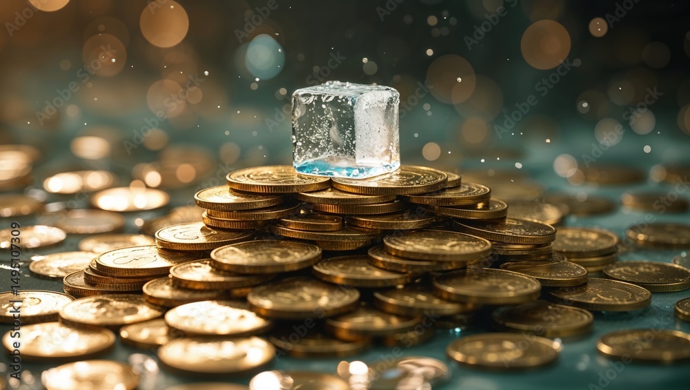 Poster ice cube sits atop a pile of coins reflecting light in a dynamic setting with droplets