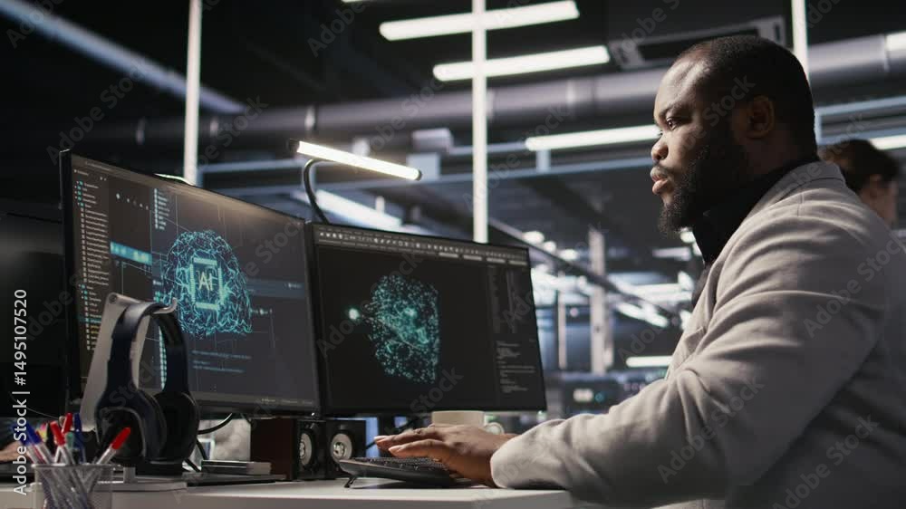 Poster data center computer scientist monitoring servers performing ai training and inference tasks. africa