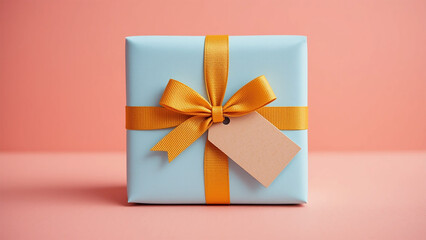 Elegant Blue Gift Box with Yellow Ribbon and Tag Mockup on Pink Background