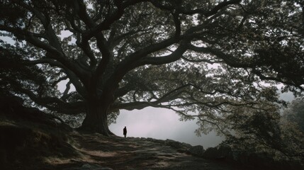 Solitary figure standing under the sprawling branches of an ancient tree