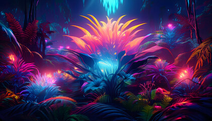 Glowing tropical plants creating a magical night forest scene