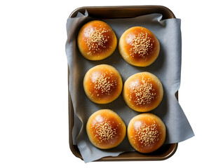  A baking tray containing eight golden-brown, round bread rolls topped with sesame seeds.png, A baking tray containing eight golden-brown, round bread rolls topped with sesame seeds
