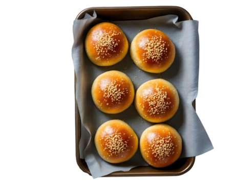  A baking tray containing eight golden-brown, round bread rolls topped with sesame seeds.png, A baking tray containing eight golden-brown, round bread rolls topped with sesame seeds