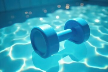 Bright blue aqua dumbbell afloat in sparkling pool, blue, floating weights, hydro