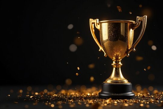 Black background, shimmering golden confetti, winner's cup, celebratory, triumph