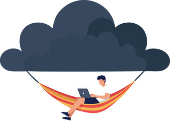 Man working on laptop in orange striped hammock under dark cloud vector illustration 