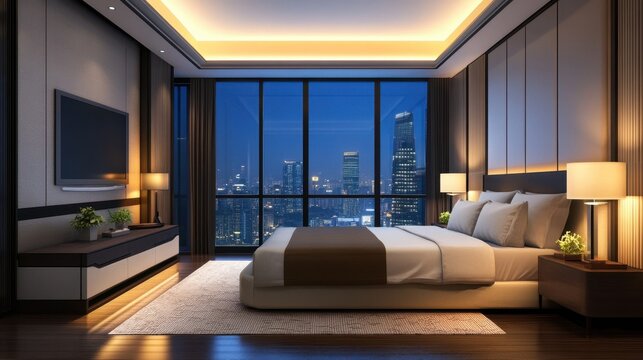 Night view luxury bedroom with city skyline - Powered by Adobe