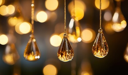 Golden teardrop crystals hang against a bokeh background
