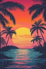Obraz premium A vibrant, dreamy illustration of palm trees silhouetted against an orange and pink sunset over the ocean.