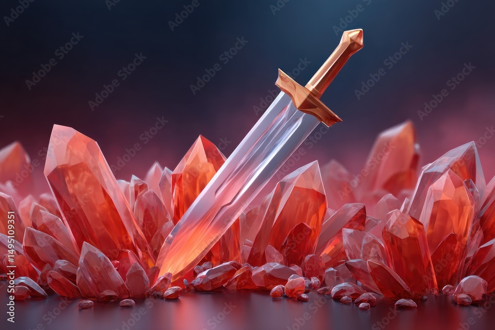 Fototapete fantasy sword embedded in sparkling red crystals magical game asset or 3d render