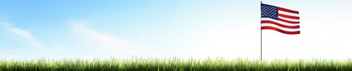 Fototapeta premium American flag in green field under clear blue sky. Independence day symbolism