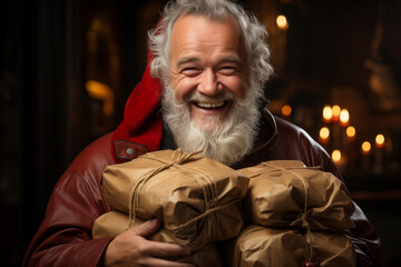 Obraz premium olly Santa Claus laughing and holding a huge sack of gifts, studio lighting, high detail.