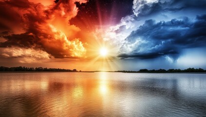 Dramatic sunset over lake, vibrant colors, stormy clouds