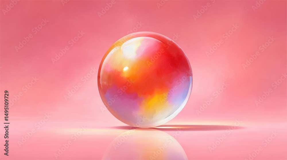 Poster a shiny iridescent sphere reflects vibrant colors on a pink surface in a smooth and minimalist compo